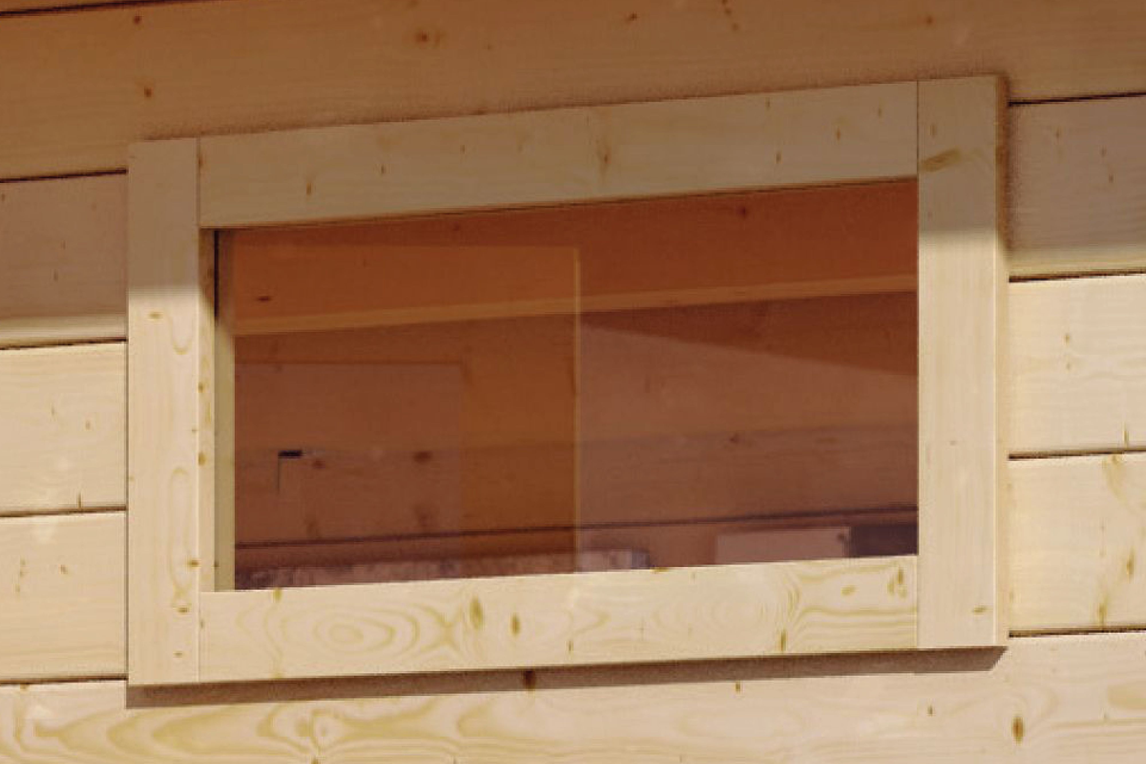 Saunafenster KARIBU "40x1220x420 mm Klarglas", beige (naturbelassen), B:122cm H:42cm, Glas, Massivholz, Fenster, für natürliches Licht im Saunainnenraum Image