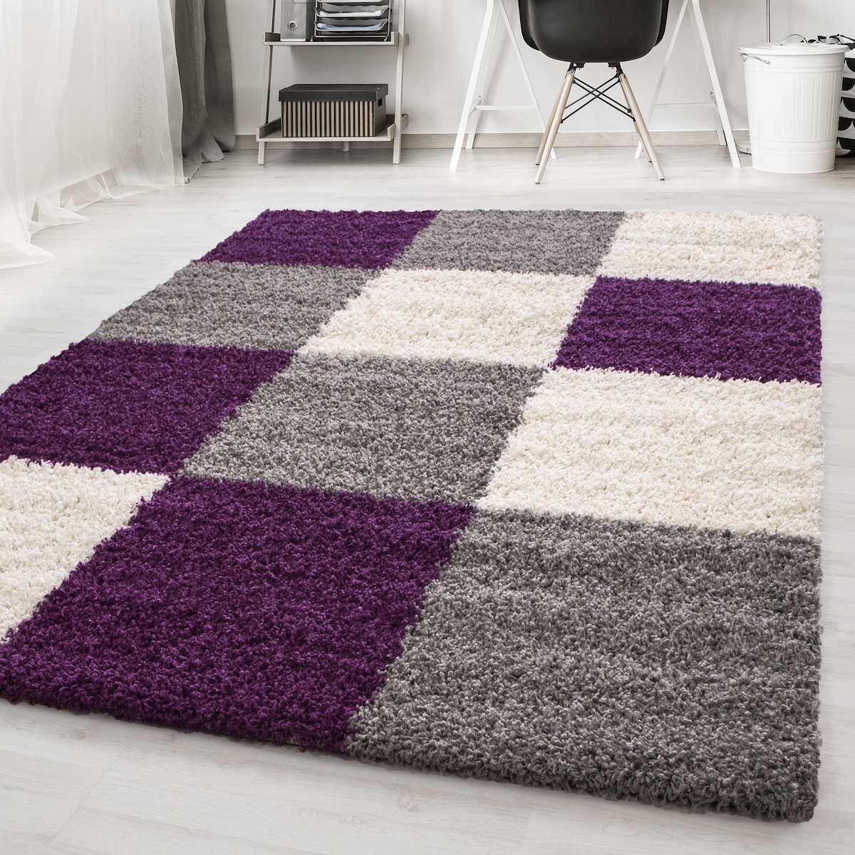 Carpetsale24 Teppich Wohnzimmer Hochflor, Langflor Shaggy Teppich Karo Muster, Pflegeleicht, Violett, 60 x 110 cm Image