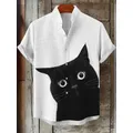 Chemise imprimée rétro chat noir d'art japonais, nouvelle chemise en lin à manches courtes, chemise cardigan respirante décontractée de rue d'été pour hommes