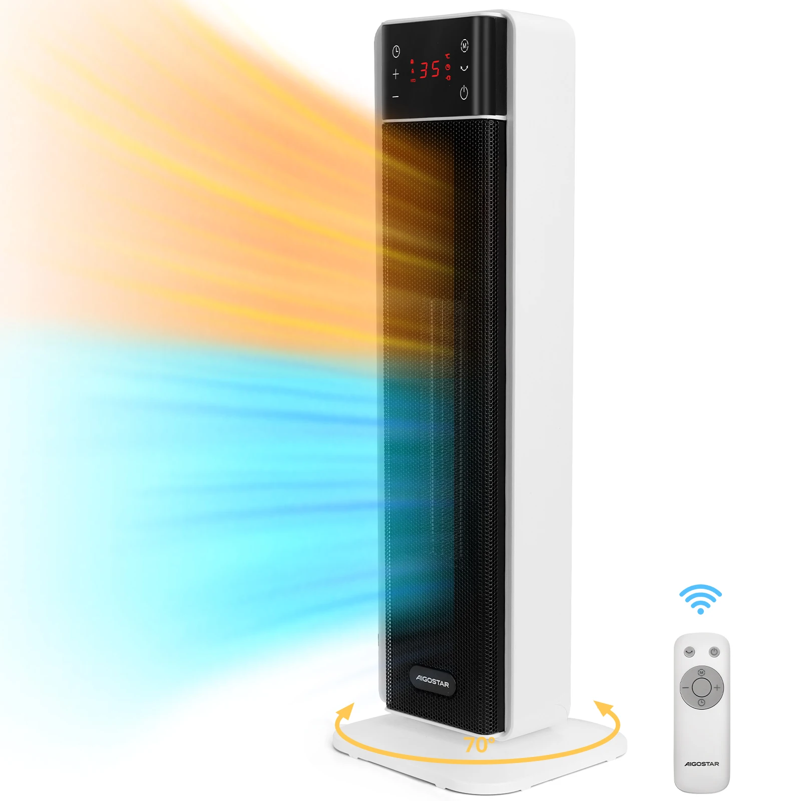 Aigostar Energiesparend Heizlüfter mit Thermostat Heizung, 2000W PTC Keramik Heizlüfter mit Fernbedienung, 70° Oszillation, 4 Modi, 24H Timer, LED-Anzeige, Überhitzungs- & Kippschutz, Weiß