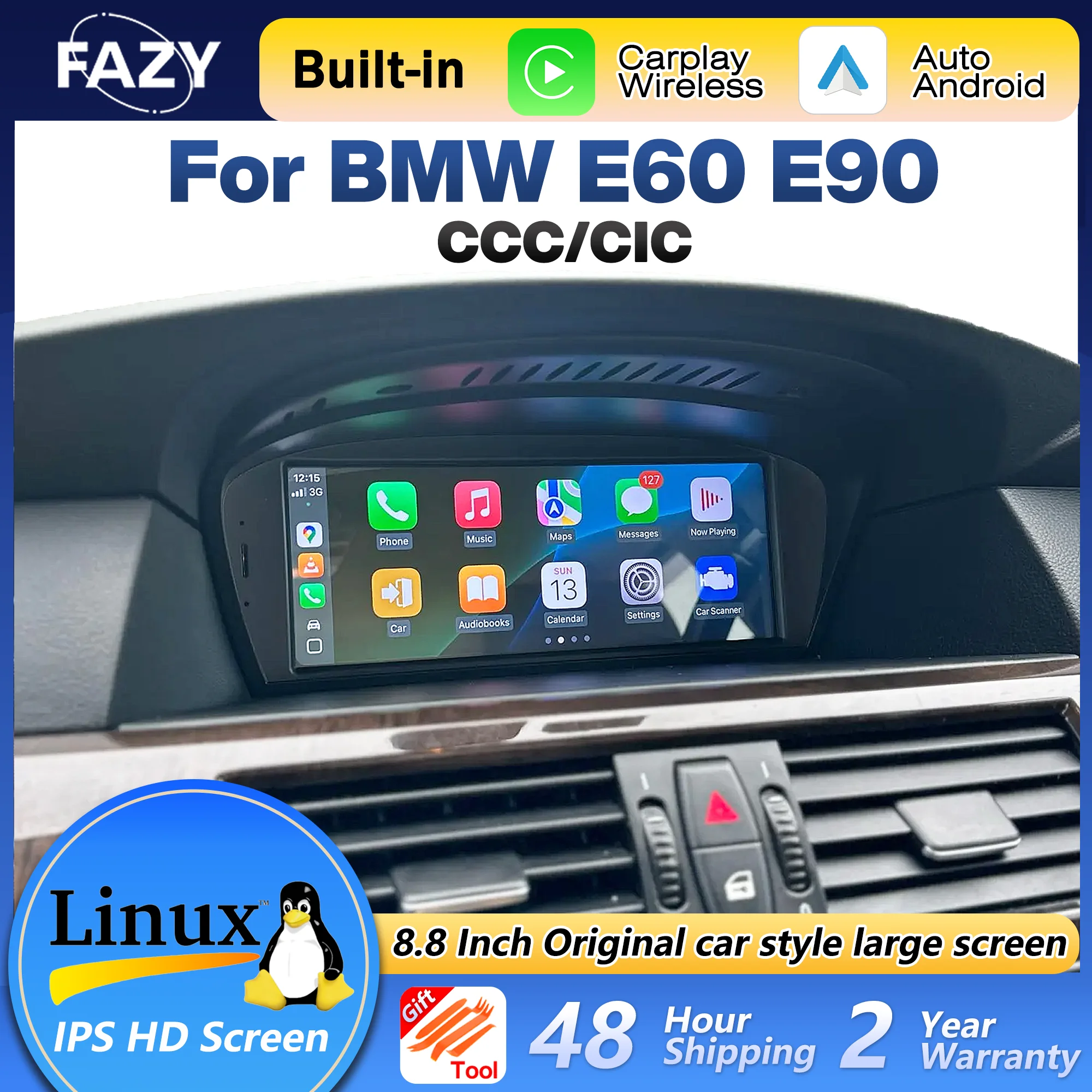 Kabelloses Carplay IPS Touch Linux Display für BMW 3er 5er Serie E60 E61 E62 E63 E90 E91 E92 Autoradio Multimedia Player Stereo GPS BT Image