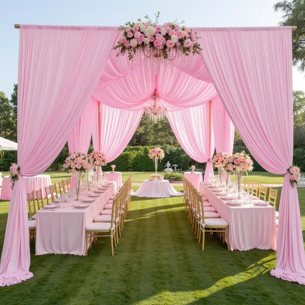 2-teiliger Rosa Hintergrundvorhang für Hochzeiten, Polyester-Fotografie-Hintergrunddekoration für Geburtstagsfeiern, Bühnen-Hintergrundständer Image