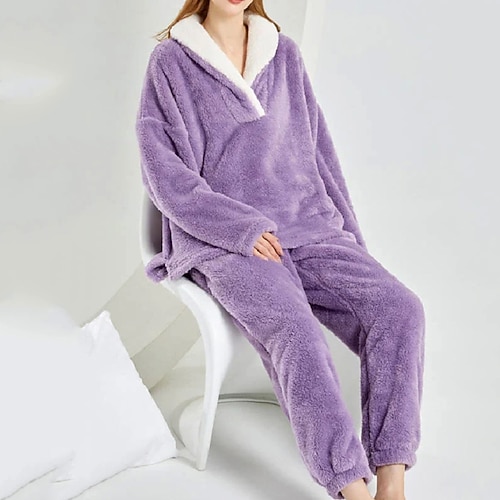 Per donna Pigiama Abbigliamento da Casa 2 Pezzi Flanella Moda Casual Colore Puro Elastico in vita Pullover Pantalone Vacanza Casa Quotidiano Manica Lunga Colletto a Camicia Nero Rosa Viola Grigio