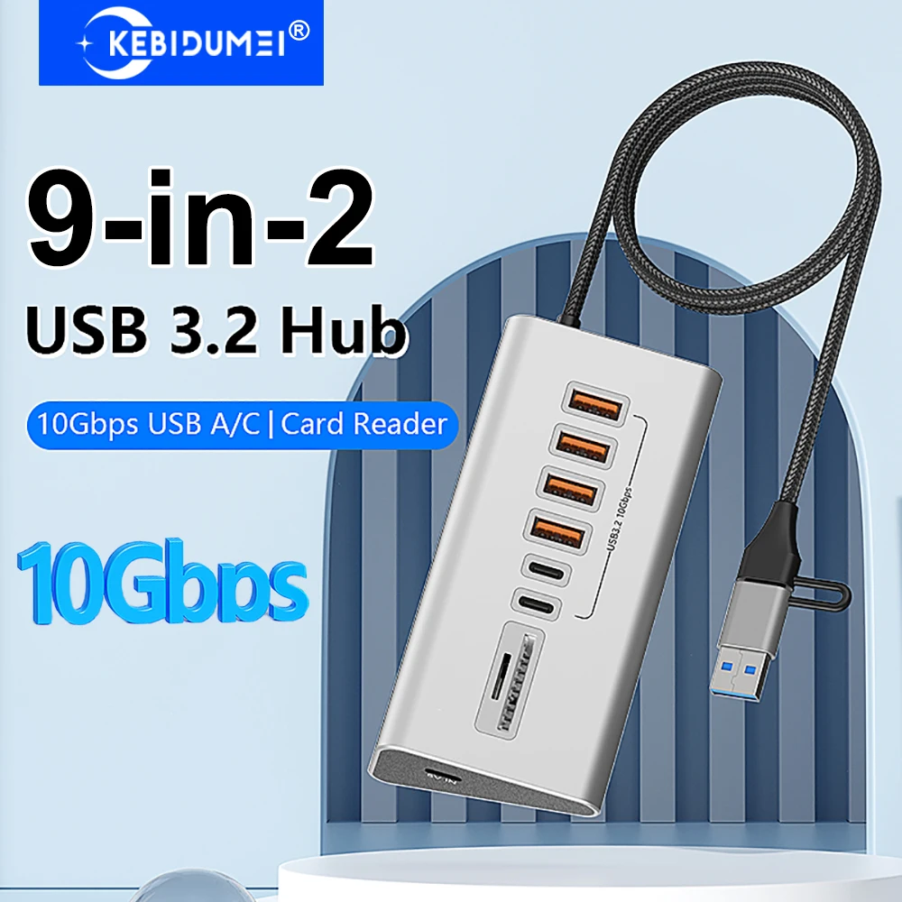 9-in-2 USB 3.2 HUB 10 Gbit/s Datenübertragung Aluminiumlegierung USB Dockingstation USB Splitter mit Kartenleser für PC Laptop MacBook Image