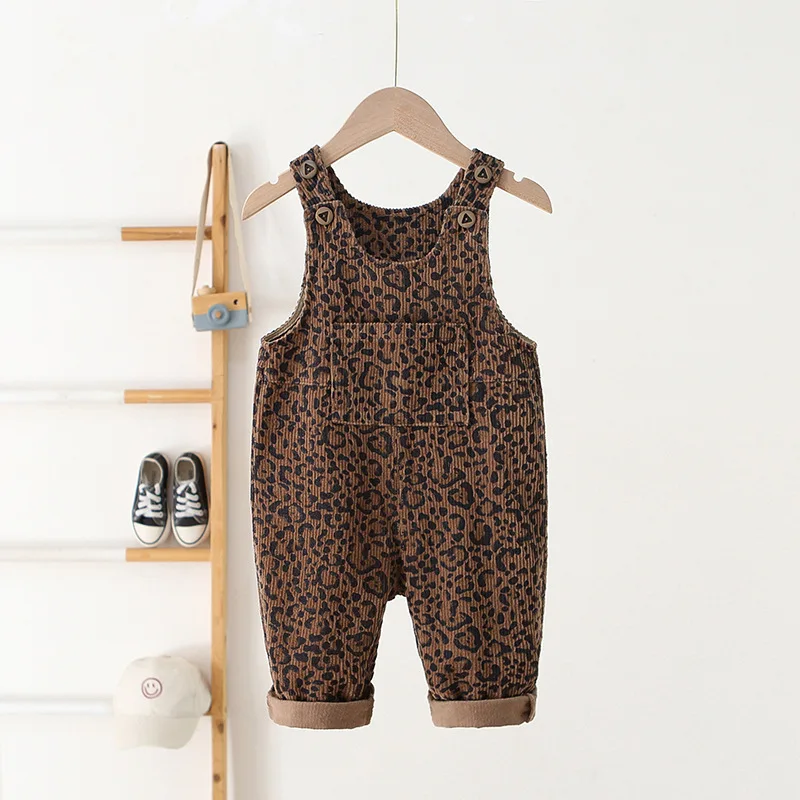 2025 Baby Toddler Leopard Print Corduroy Overalls Fall Fashion Vintage Warm Adjustable Straps 1-4Y Children One-piece Jumpsuit