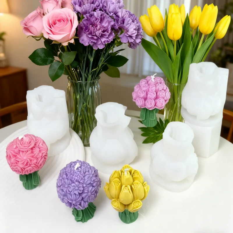 3D Charming Tulpe Bouquet Silikon Kerze Formen DIY Rose Pfingstrose Blume Gips Harz Handgemachte Aroma Seife Form Wohnkultur Geschenke Image