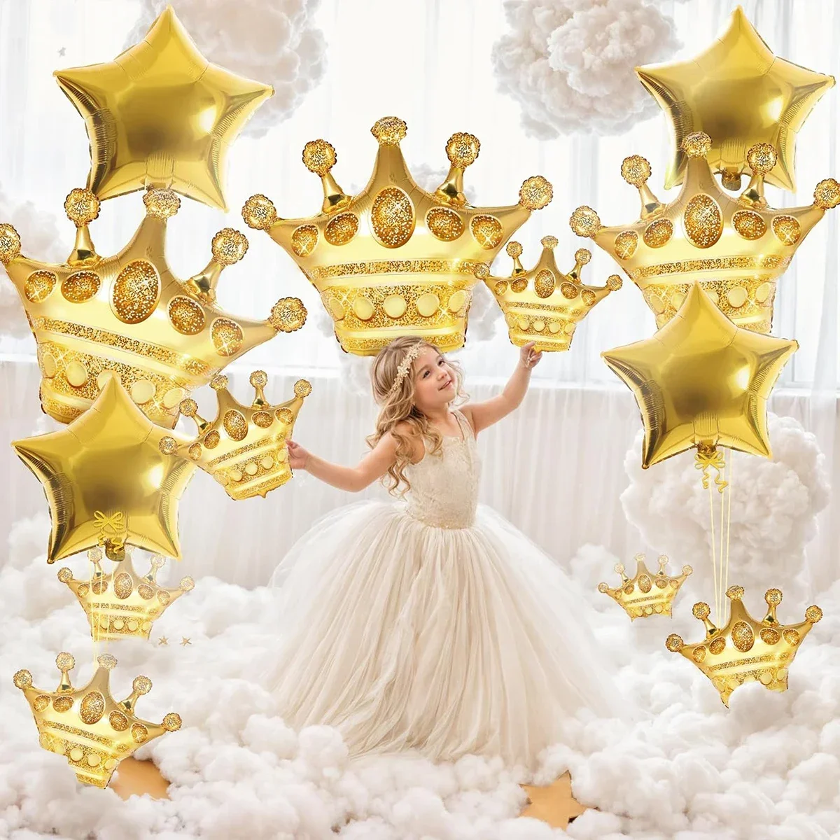 14 Stück große und kleine goldene Krone aus Aluminiumfolie, Ballon-Set, Party-Dekoration, Fotografie, Zimmer, Hochzeit, Babyparty-Zubehör Image