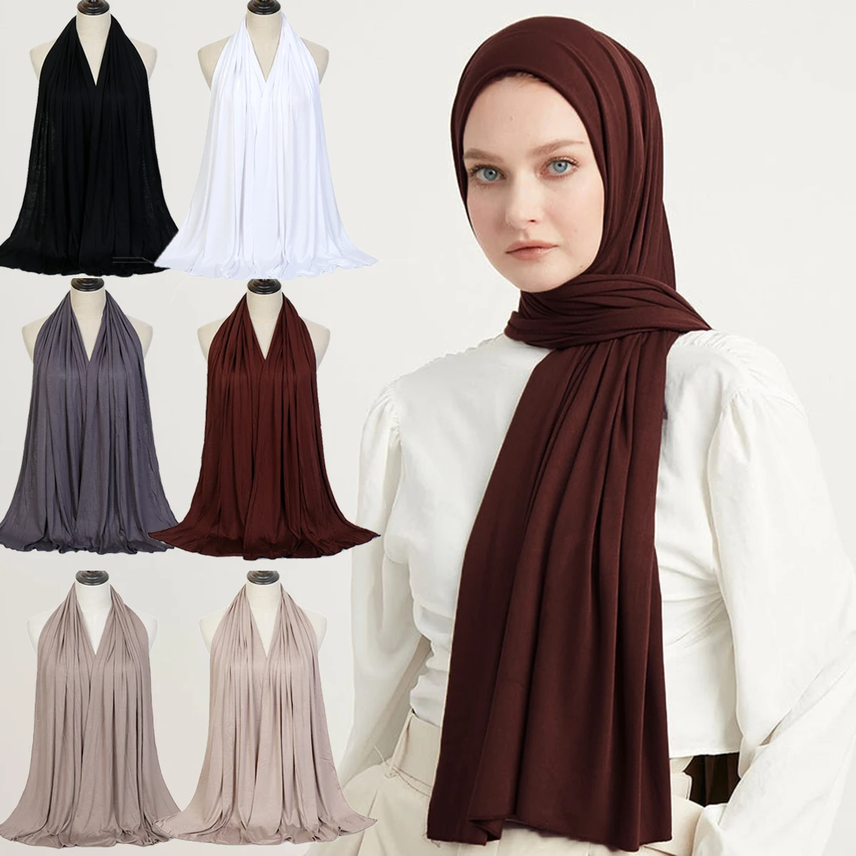 6/Stücke Modal Baumwolle Jersey Hijab Schal Für Frauen Stretch Schal Plain Muslimischen Stirnband Mode Einfarbig Lange schalldämpfer 170*60 cm