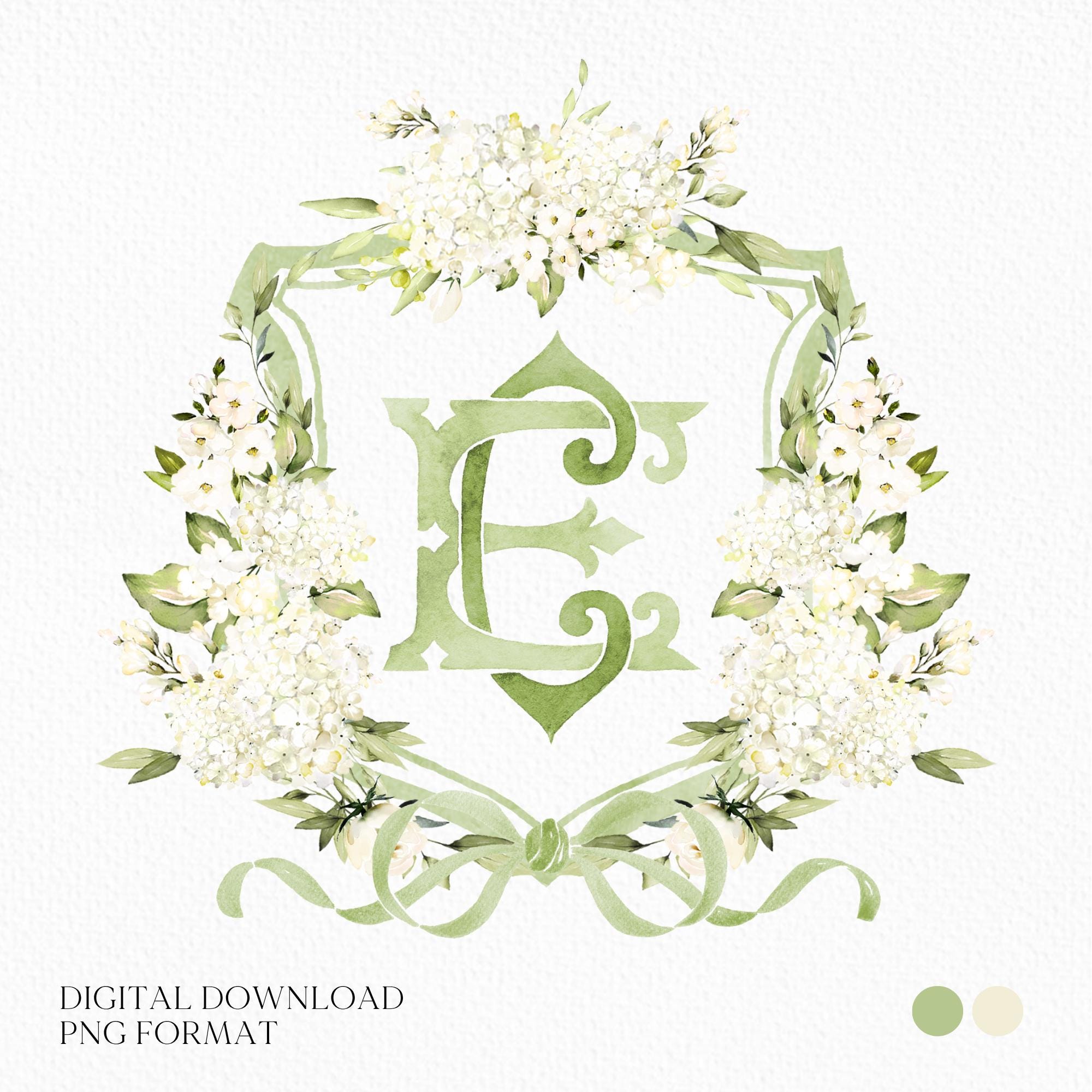 Stemma nuziale con fiori di ortensia bianca e verde - Stemma monogramma - Stemma nuziale di lusso con fiori di ortensia e acquerello - Stemma nuziale