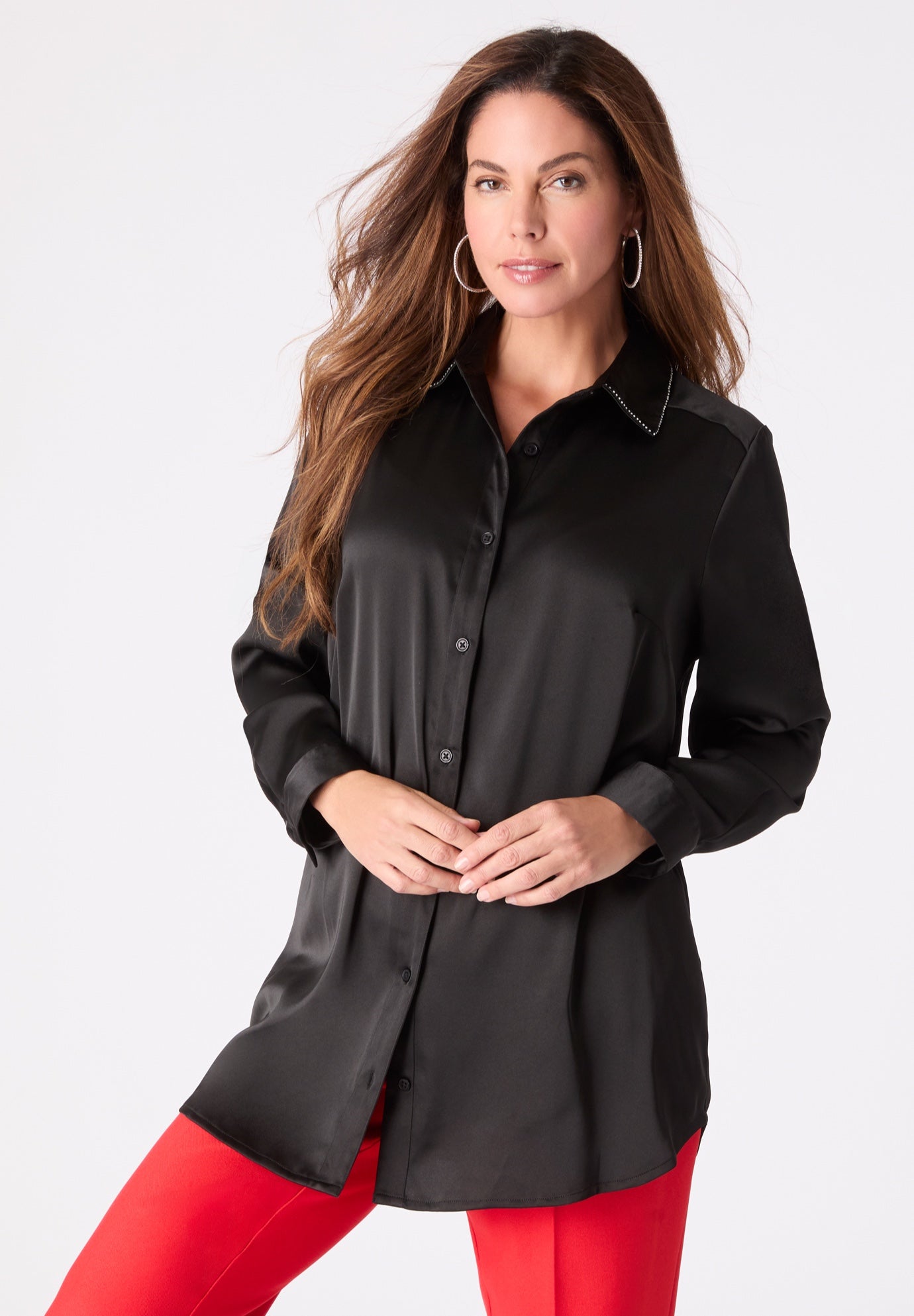 Plus Size Women's Kate Satin Blouse by Roaman's in Black With Rhinestones (Size 12 W)