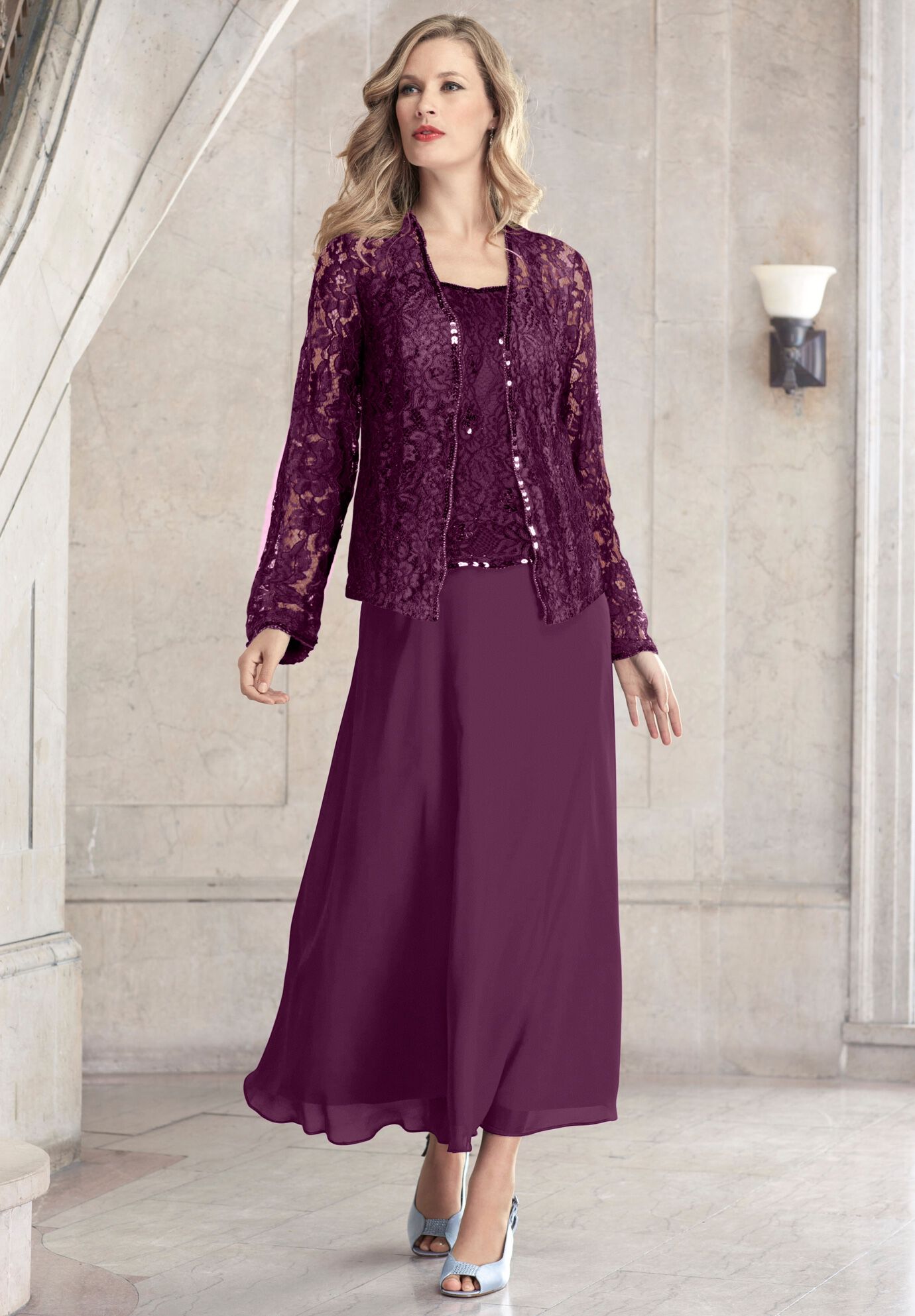 Plus Size Women's Plus-Size 2 Piece Long Sleeve Embellished Lace Jacket and Full Gown by Roaman's in Dark Berry (Size 32 W)