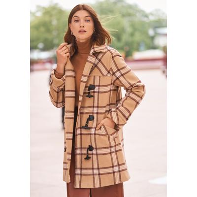 Plus Size Women's Hooded Toggle Wool Coat by Jessica London in Soft Camel Plaid (Size 12 W)
