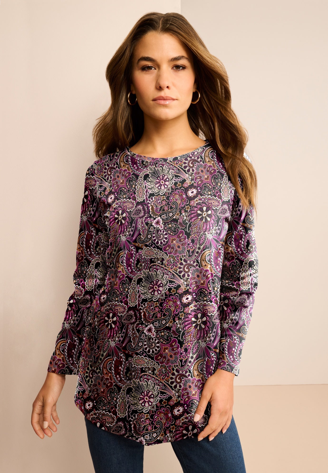 Plus Size Women's Plus Size Cotton Ultimate Long Sleeve Crewneck Tee by Roaman's in Black Packed Paisley (Size 3X) Shirt