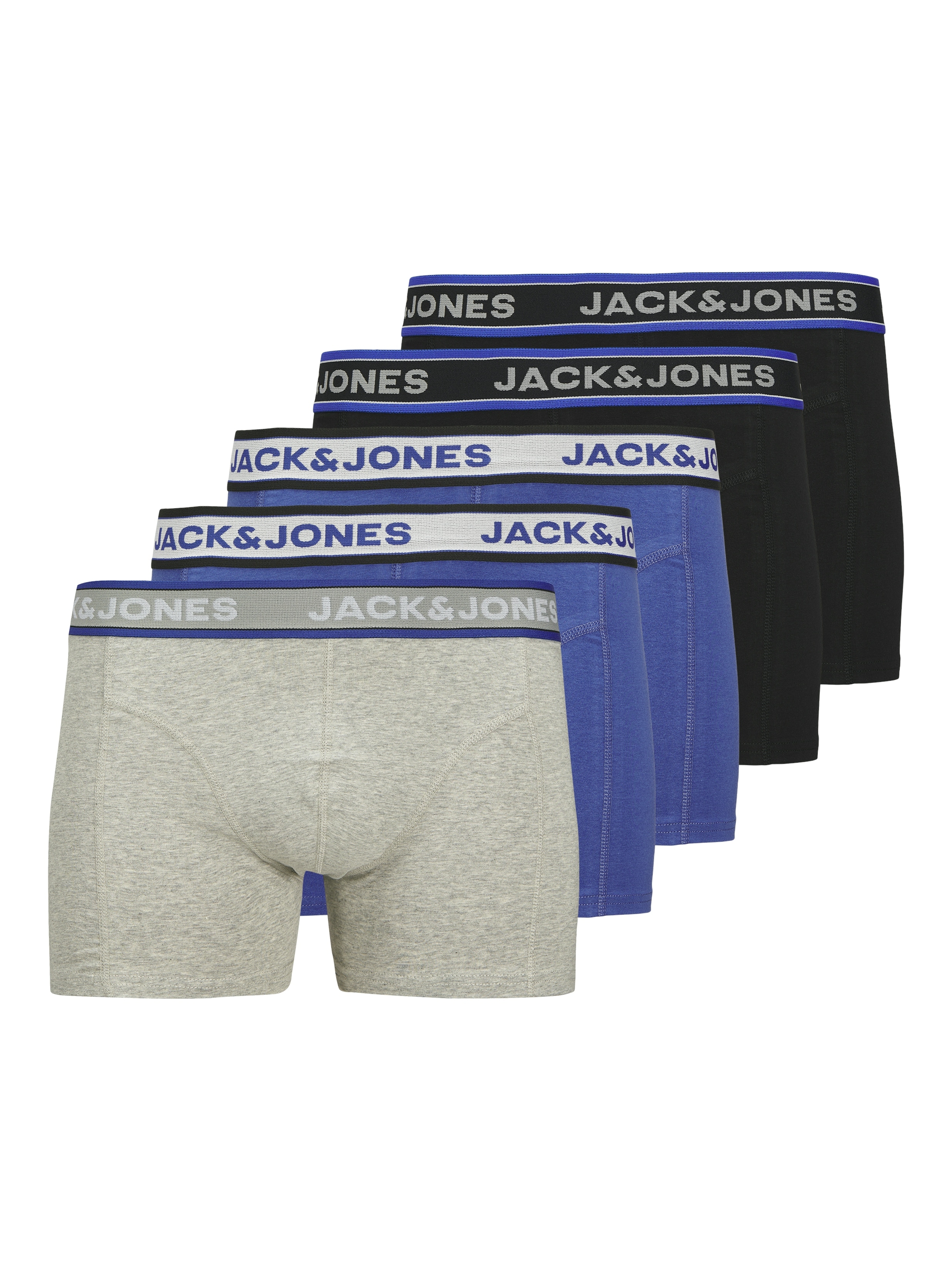 Trunk JACK & JONES JUNIOR "JACCHRISTIAN SOLID TRUNKS 5 PACK JNR", Kinder, Gr. 140, schwarz pack:light grau melange, dazzling blau, Jersey, Obermaterial: 95% Baumwolle, 5% Elasthan, meliert, bequem, Unterhosen Image