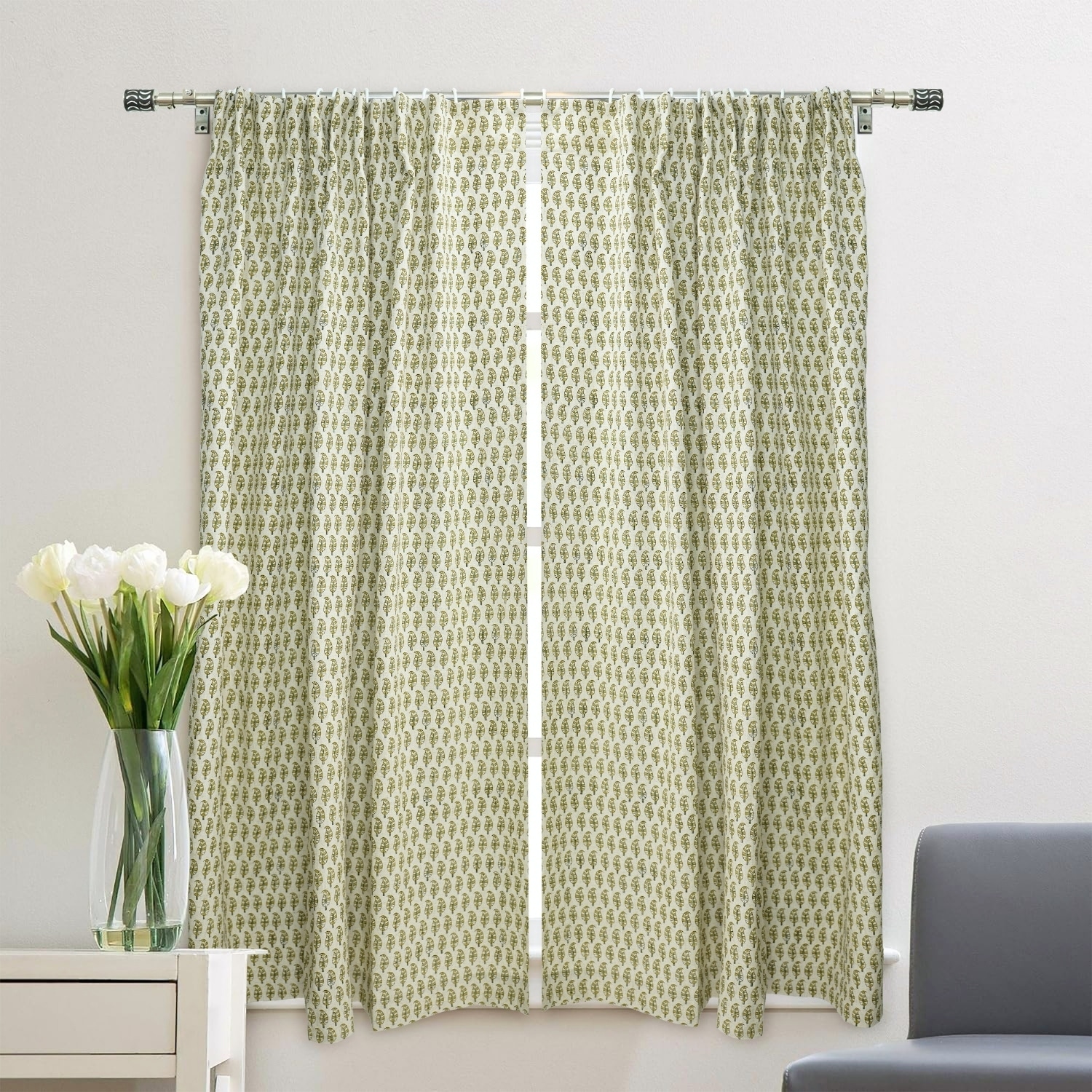 Fabdivine Handmade Floral Block Print Window or Door Room Décor Viscose Linen Curtain