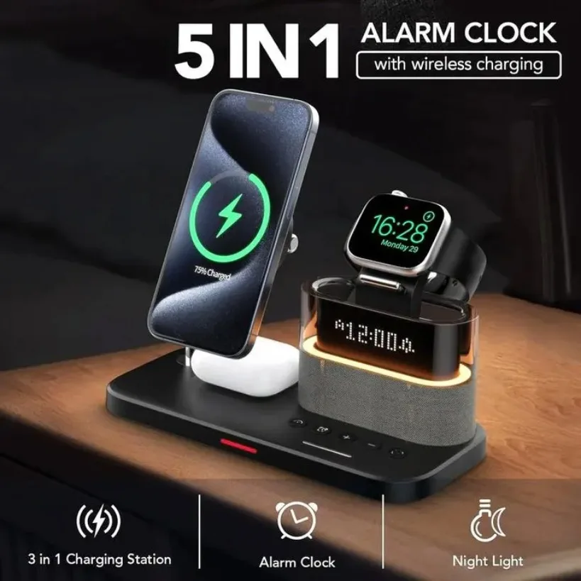 5-in-1 multifunktionaler magnetischer kabelloser Ladeständer RGB LED Nachtlicht Wecker für iPhone Samsung Xiaomi Schnellladung Image