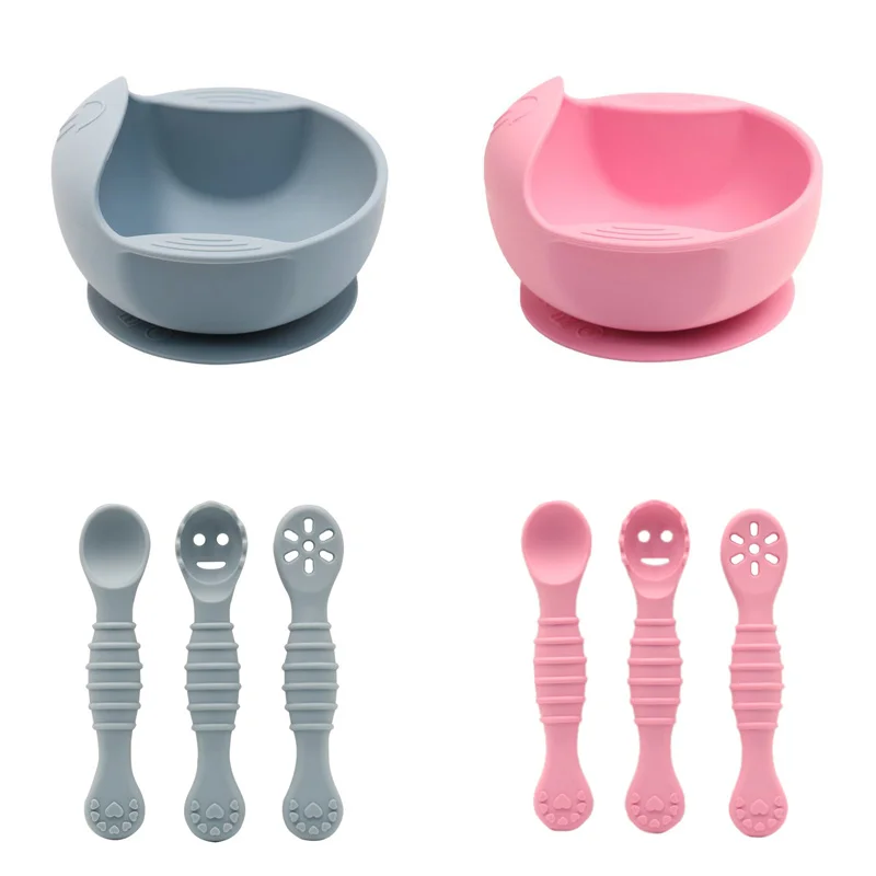 Baby-LED-Entwöhnungsschüssel, Silikon-Saugplatte mit Löffel, selbsternährendes Trainingsset für Kleinkinder, leicht zu reinigendes Design Image