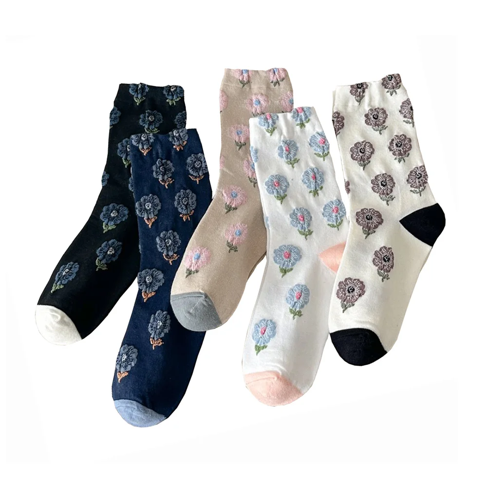5 Paare/los Nette Blume Drucken Frauen Socken Mittleren Rohr Herbst Winter Lange Street Style Täglichen Sokken Frauen Mode Neue Dame socken Image