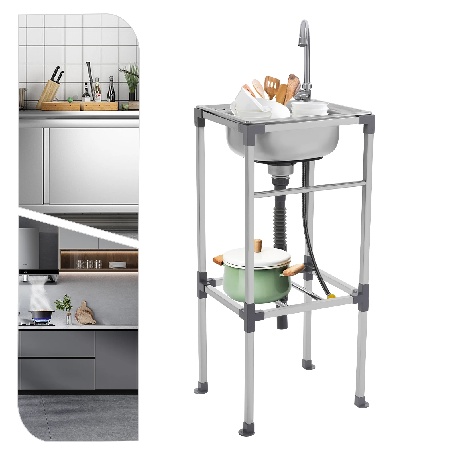 Mobile Spüle, Edelstahl-Küchenspüle, multifunktionales Waschbecken mit Wasserhahn, freistehendes Spülbecken für den Innen- und Außenbereich