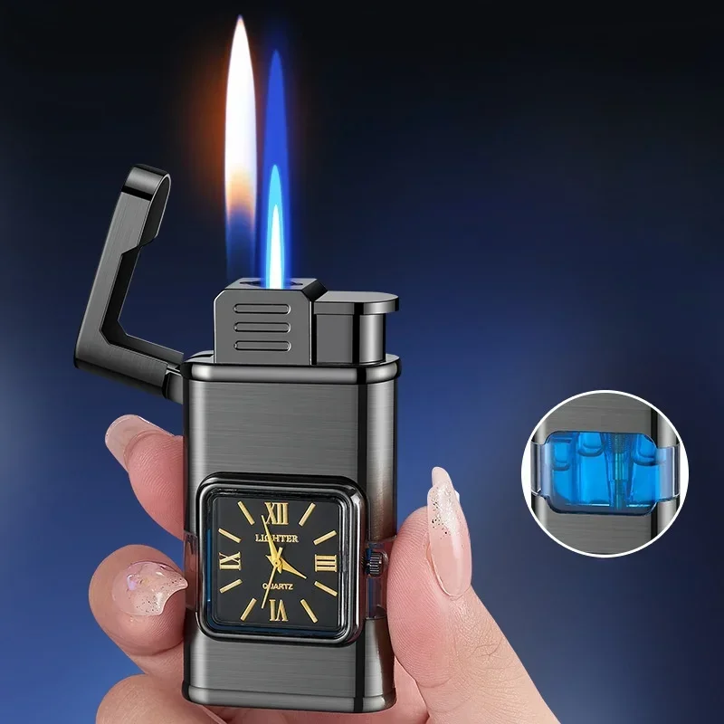 Creative True Watch Dual Flame Butan-Gas-Feuerzeug, visuelles Gasfenster, offene Flamme, schaltbar, winddicht, Jet Blue Flame, Zigarrenfeuerzeuge Image
