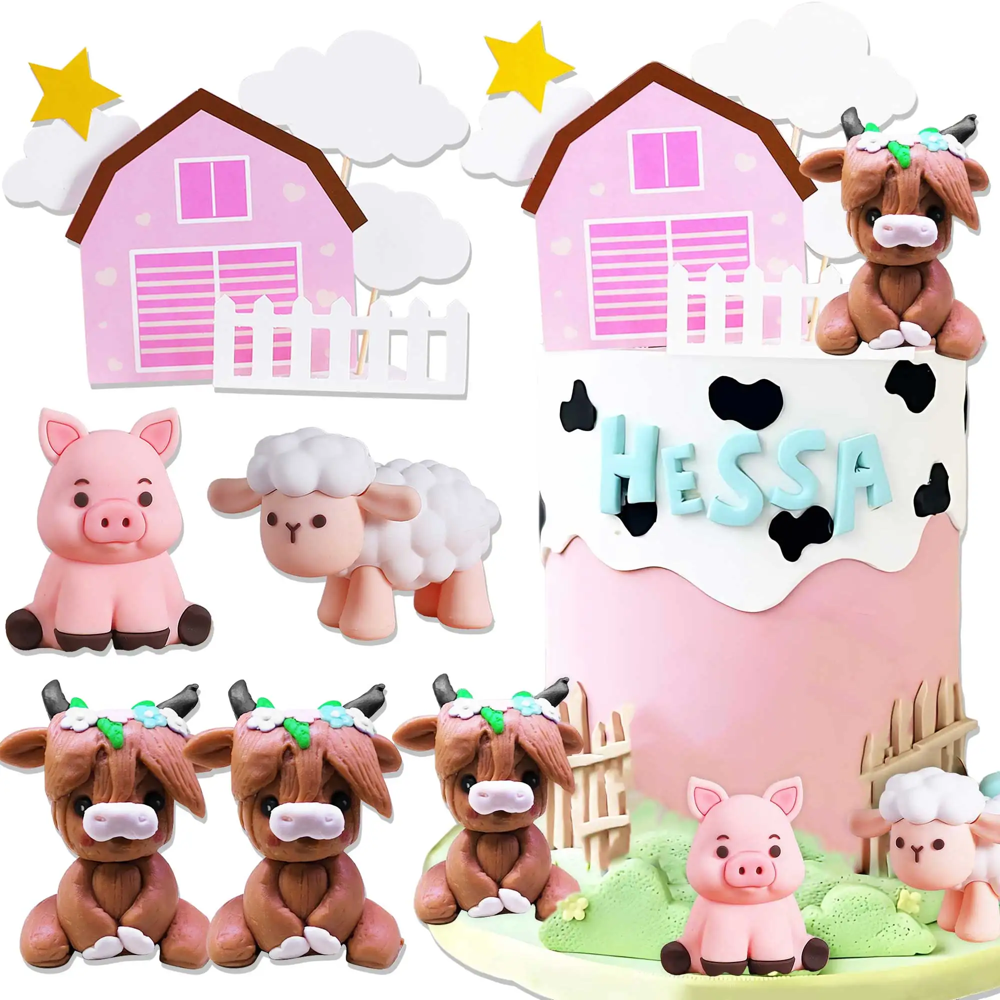 LaVenty Rosa Bauernhof Tier Kuchen Dekoration Schafe Kuchen Topper Bauernhof Tier Geburtstag Dekoration Kuh Kuchen Dekoration Schwein Kuchen Topper Image