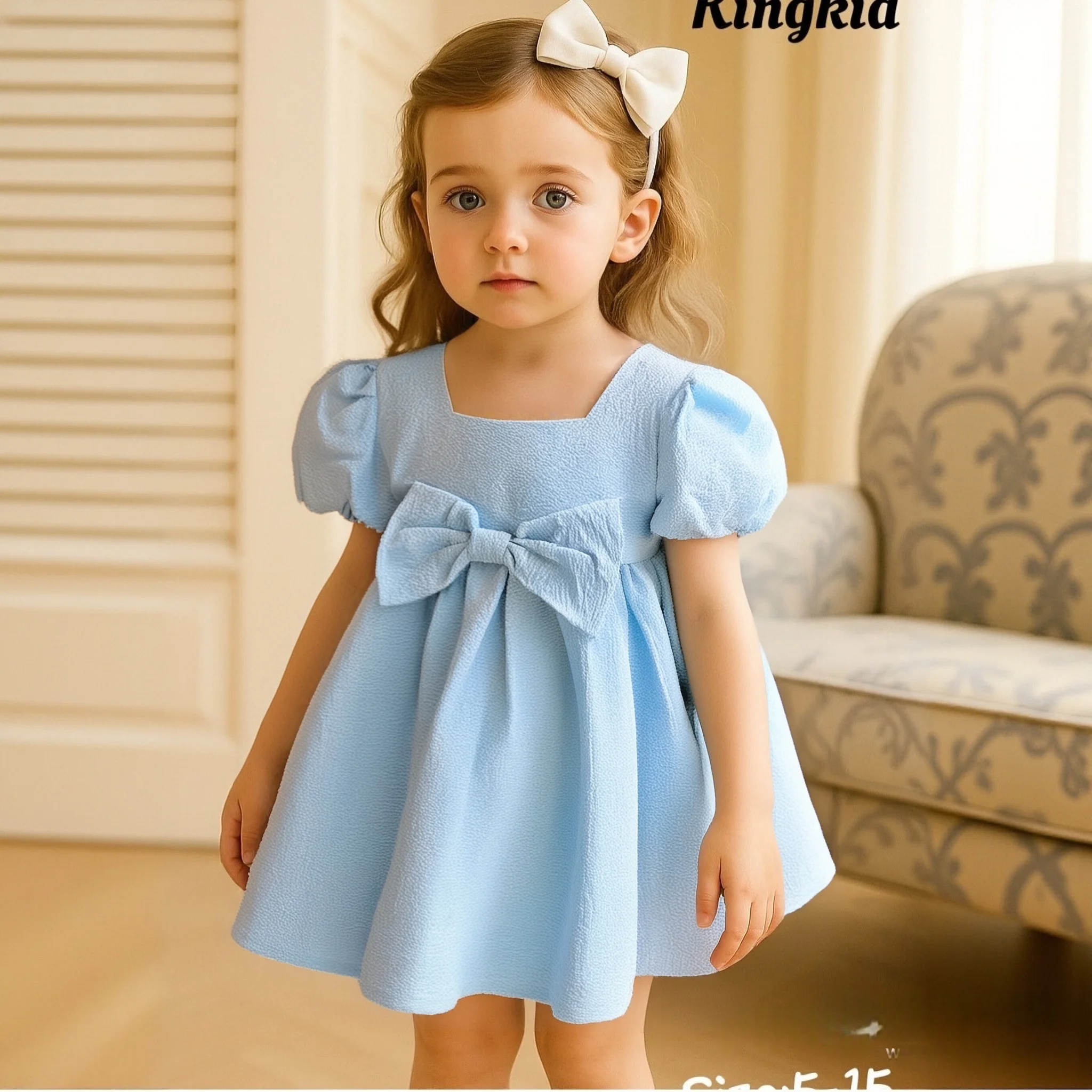 Mädchen Kleid Sommer Neue Blase Hülse Bogen Kleinen Rock Nette Einfarbig Geburtstag Party Kleid für Kinder Baby Image