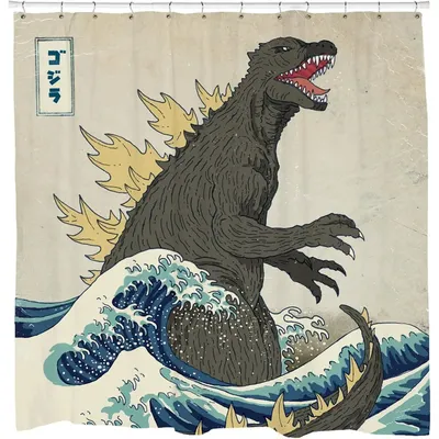 Godzilla Shower Curtain Set with Japanese Wave Design – Cool, Crazy Bathroom Shower Curtains, Hooks Included, Durable Fabric