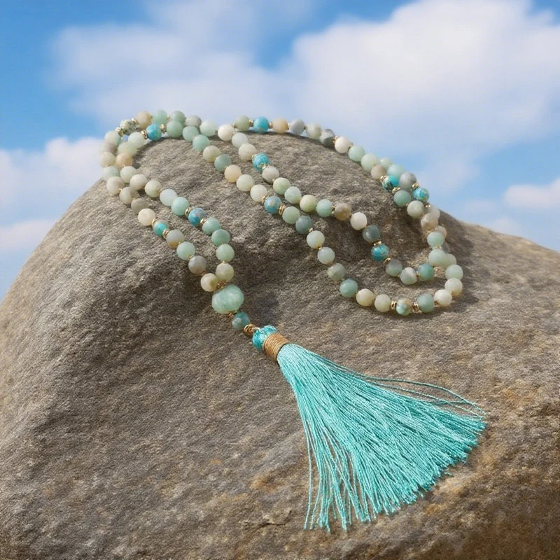 Matte Amazonit 108-Mala-Perlen-Halsketten, echter Edelstein, Mala-Gebetsperlen, Quasten-Anhänger, Halskette, Charm-Meditations-Halskette Image