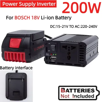 200W Portable Power Supply Inverter for BOSCH Lithium Ion Battery DC 15-21V Convert To AC 220-240V W/AC Outlet& USB Sine Wave