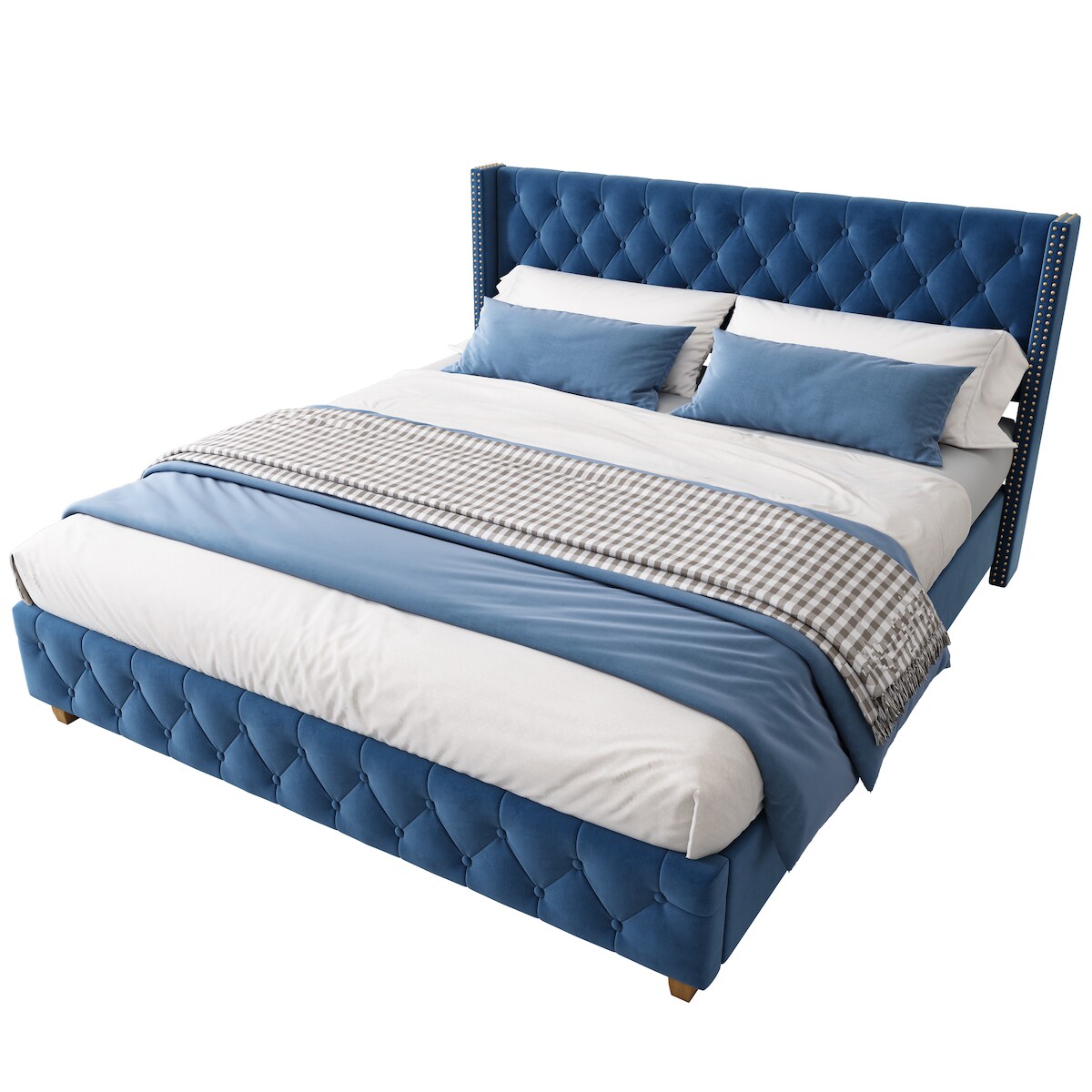 OKWISH Luxuriöses Samt-Polsterbett 160x200 mit Knopf-Tufting, Nietenverzierungen und verstärkten Bettbeinen Elegantes Design Leicht Beige Image