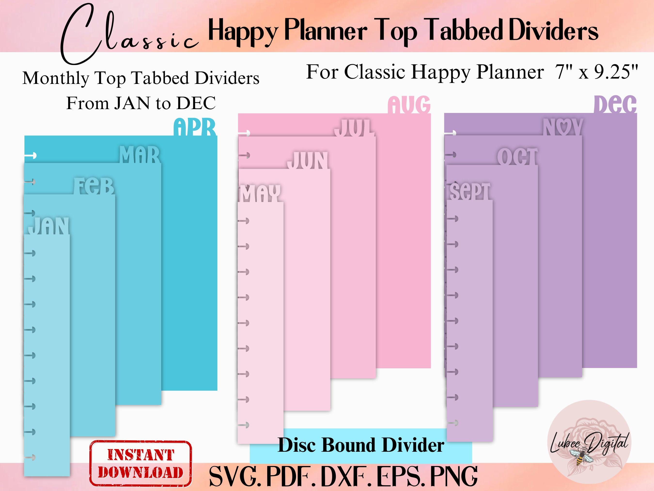 Modello di divisore rilegato a disco per pianificatore classico Happy Planner, file di taglio per divisori per raccoglitori, divisore mensile con ling