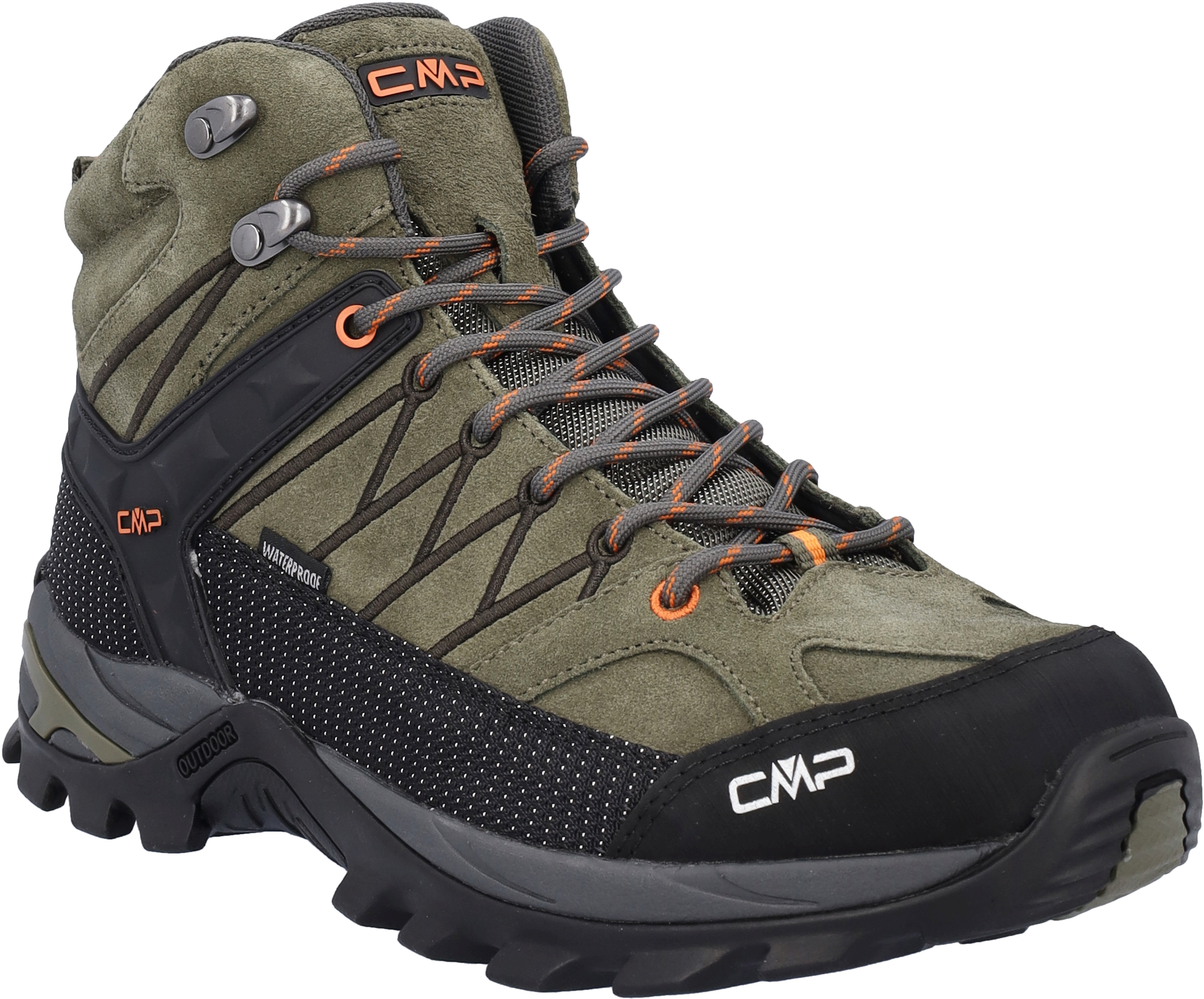 Wanderschuh CMP "RIGEL MID TREKKING SHOES WP", Gr. 43, grün (olive, flame), Leder, Schuhe, wasserdicht
