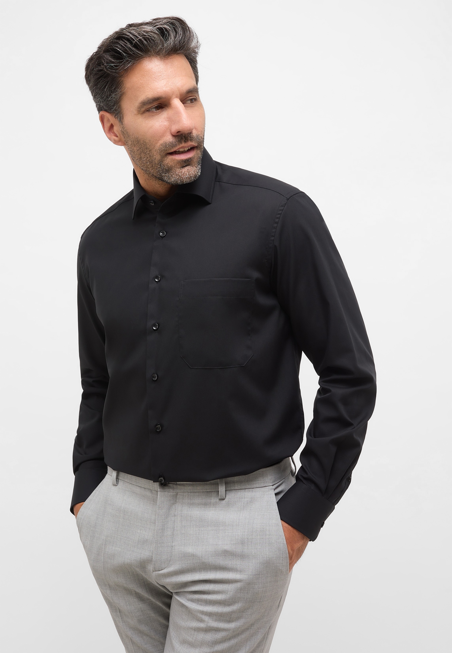 Langarmhemd ETERNA "COMFORT FIT", Herren, Gr. 41, Normalgrößen, schwarz, Popeline, 100% Baumwolle, normal, Manschette, Hemden, NON IRON (bügelfrei) Image