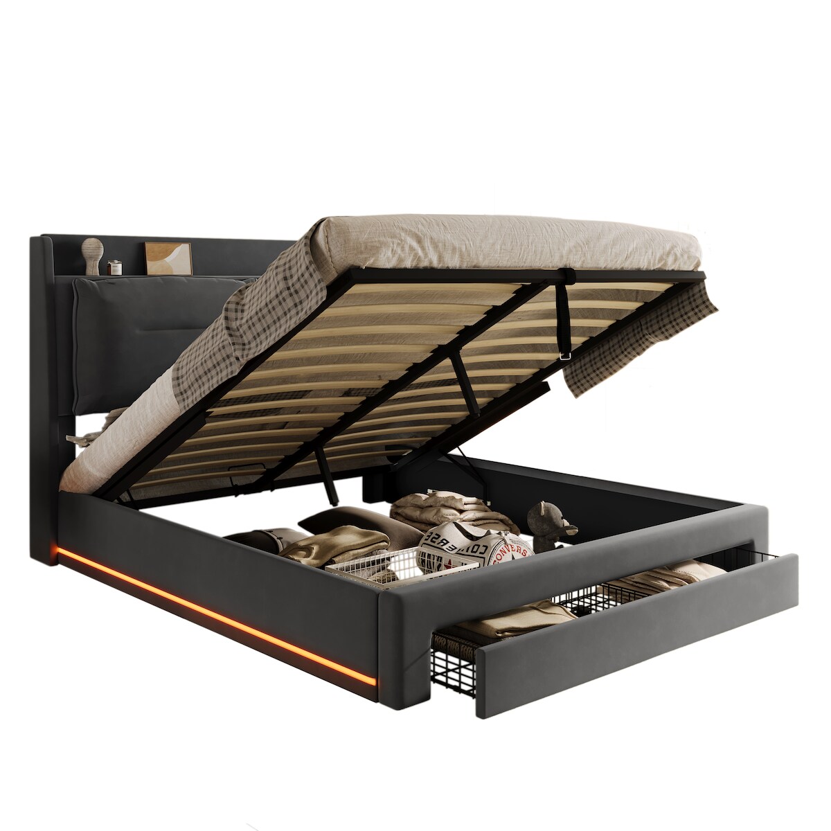 OKWISH Modernes Polsterbett mit Bettkasten Stauraum Schubladen Kopfteil Ablage LED Beleuchtung Velours Lattenrost 190 x 140 cm Dunkelgrau Image