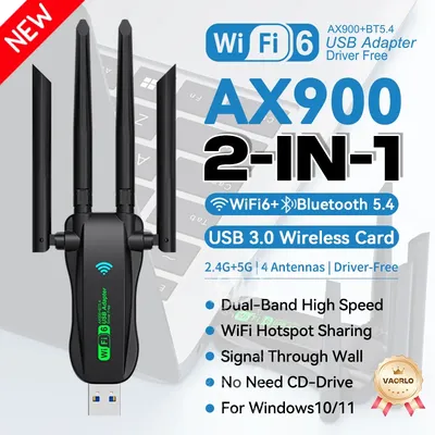 WiFi 6 AX900 Bluetooth 5.4 WiFi USB Adapter Wireless Network Card 2.4G&5GHz Wi-Fi Antenna USB For PC/Laptop Win10/11 Driver Free