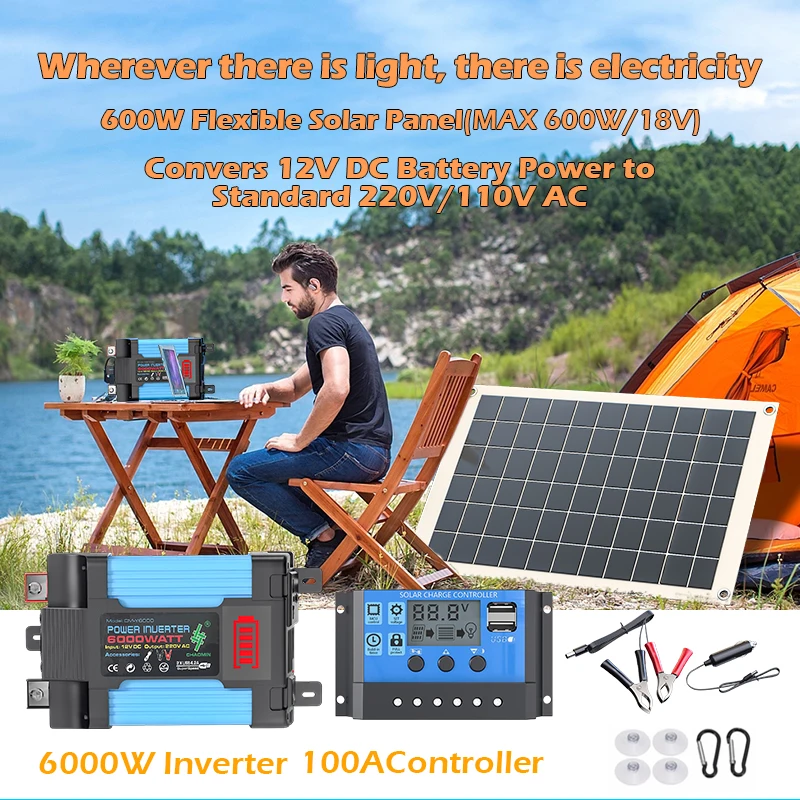 6000W Off Grid System Solar Kit Inverter100A Controller Auto Solar Power Bank System Solar Panel Camping für Home Stecker RV Auto