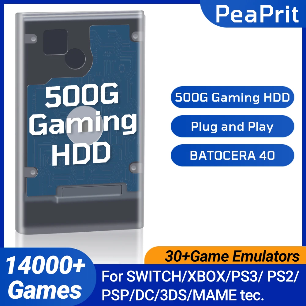 PEAPRIT 500G Disque dur de jeu rétro, console de jeu rétro, 14000 jeux vidéo, 30 émulateurs pour SWITCH/X BOX/PS3/PS2/PSP, Plug and Play, système d'exploitation Batocera