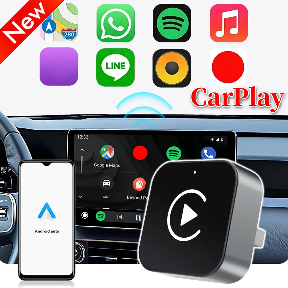 2-in-1 kabelloser CarPlay-Android-Auto-Adapter, Mini-Carplay- und Auto-Box-Dongle, Auto Connect für iPhone und Android, werkseitig verkabelte Autos Image