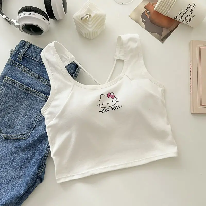 Anime-Modekleidung, Hello Kitty 2000-Top mit Brustpolster, süßes Top für Mädchen, Sommer, cooles, kurzes Top, weiß, sexy Hosenträger-Mädchen-Geschenk