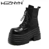 NEUE 10,5 CM Frauen Hohe Plattform Stiefel Gothic Leder Punk Schuhe Weibliche Knöchel Kurze Kampf Boot Keil Heels Chunky Motorrad boot