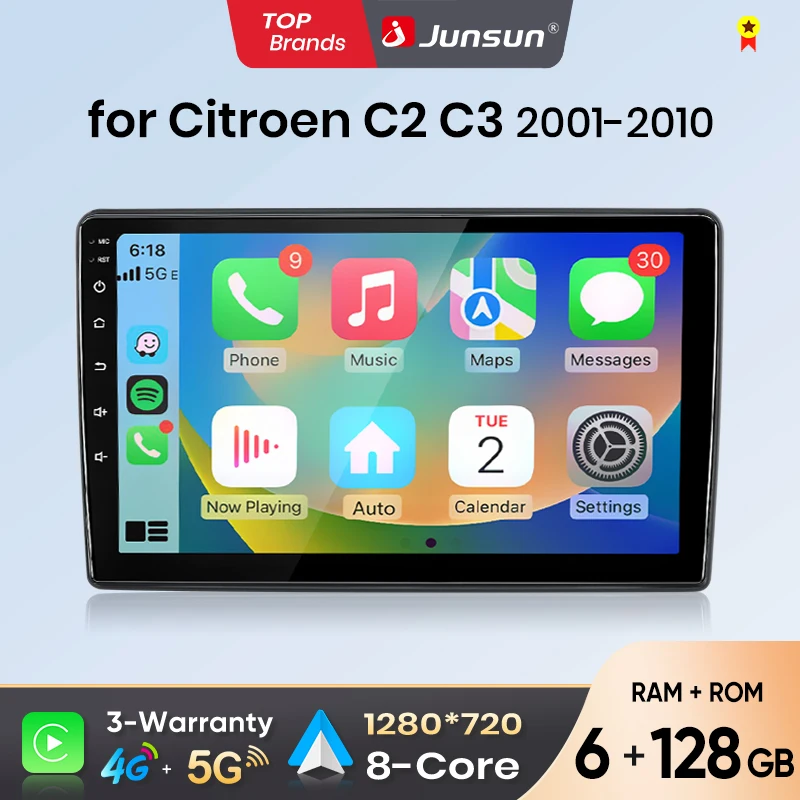 Autoradio Android Auto Junsun per Citroen C2 C3 2001 2002 2003 2004 2005 2006 2007-2010, sistema multimediale wireless Apple CarPlay, schermo touch IPS, lettore video stereo, 2 Din, autoradio,