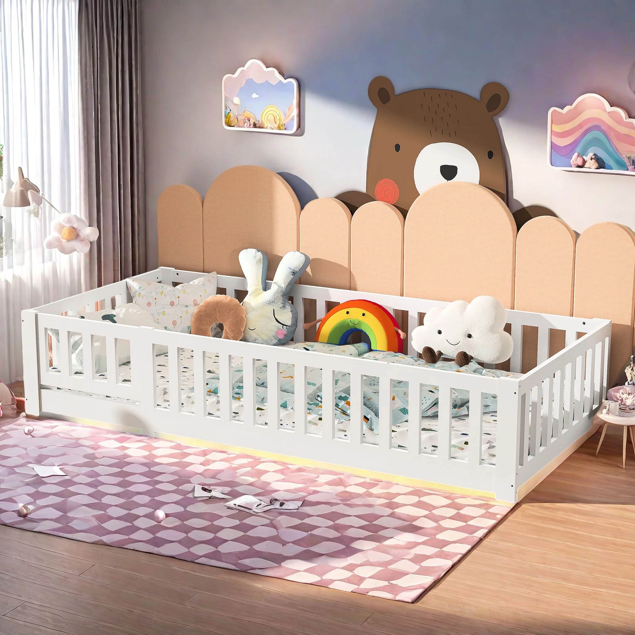 Rosahqnda Kinderbett mit Rausfallschutz, 90x200cm Kiefernholz massiv, Montessori Bodenbett für Jungen und Mädchen, Weiß Image