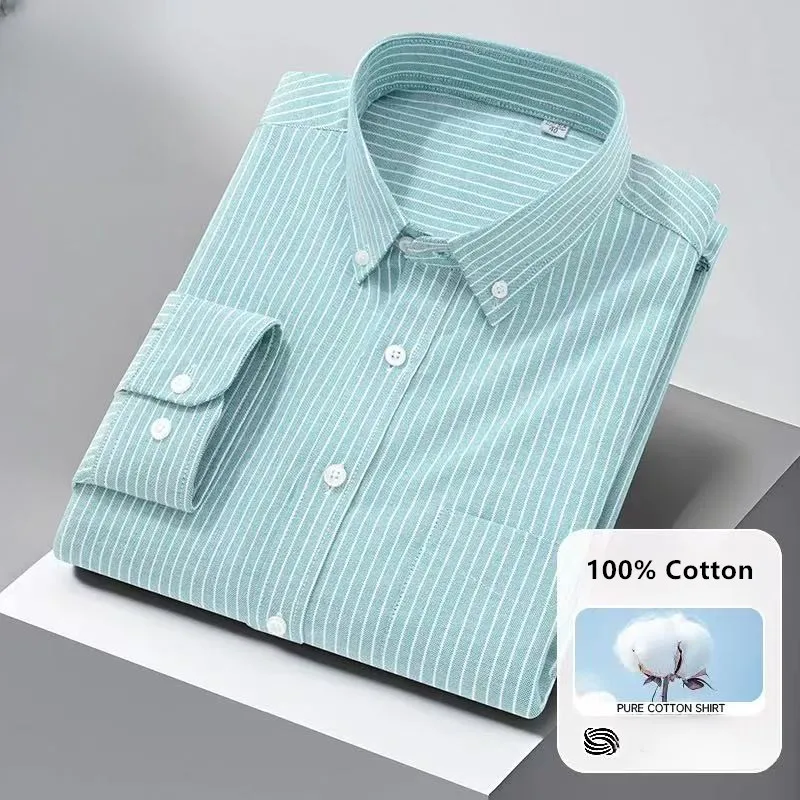Hochwertige Herrenhemden Langarm Frühling Herbst 100 % Baumwolle Oxford Kausal Streifen Social Slim White Man Kleidung 5XL Image