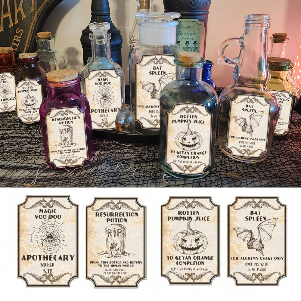 12 stücke Halloween Retro Fantasie Trank Flasche Label Aufkleber Zaubertrank Wein Gläser Papier Aufkleber Halloween Party Bar Dekoration Image