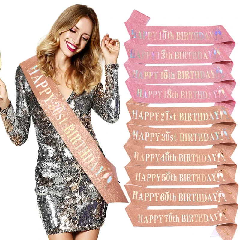 Happy 10th 13th 16th 21st 30th 40th 50th 60th Birthday Glitter Sash for Girls Women Birthday Parties Favor Decorations Supplies