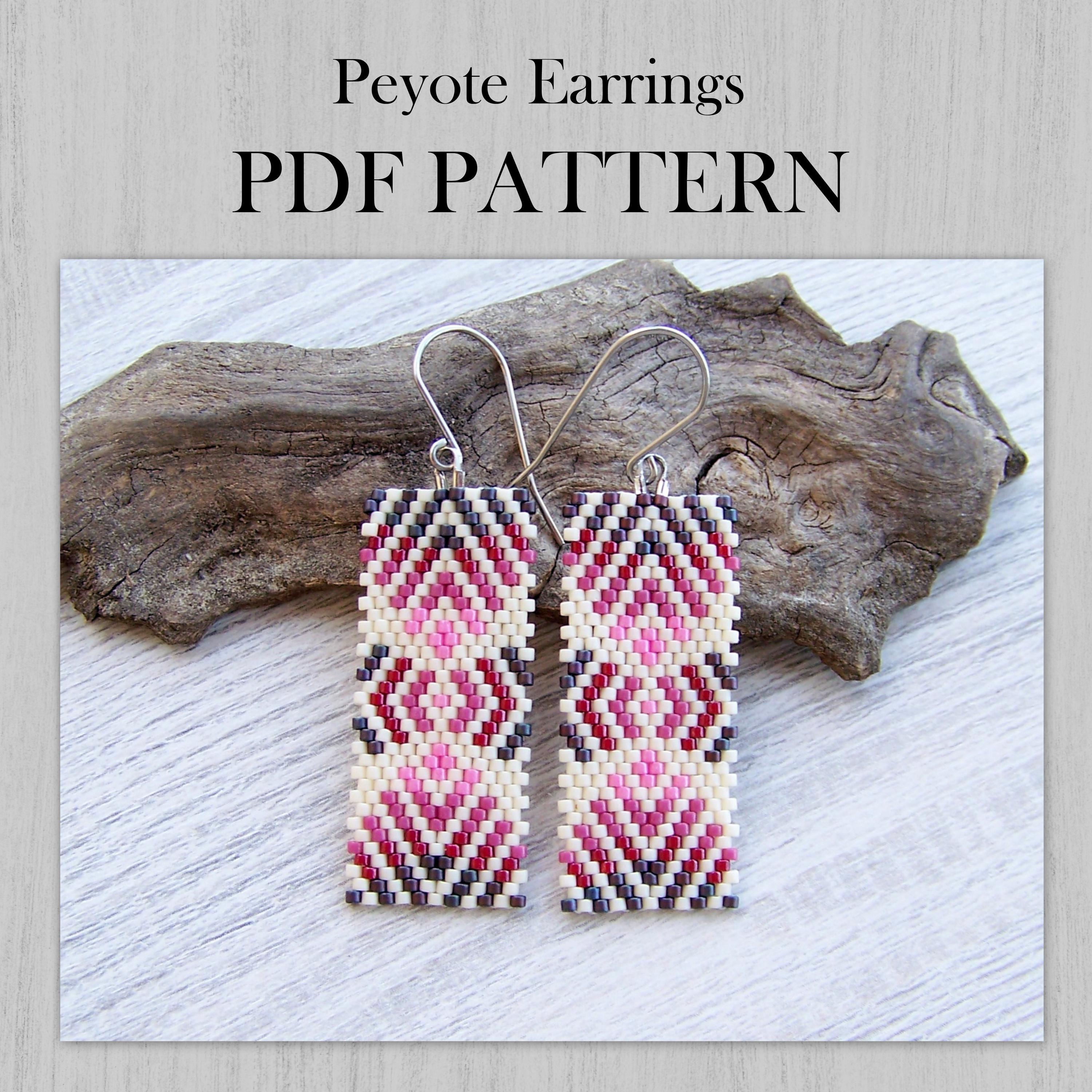Schema PDF per orecchini con punto Peyote geometrico sfumato rosa-rosso, schema PDF per orecchini con perline Miyuki Delica pastello, schema PDF per o