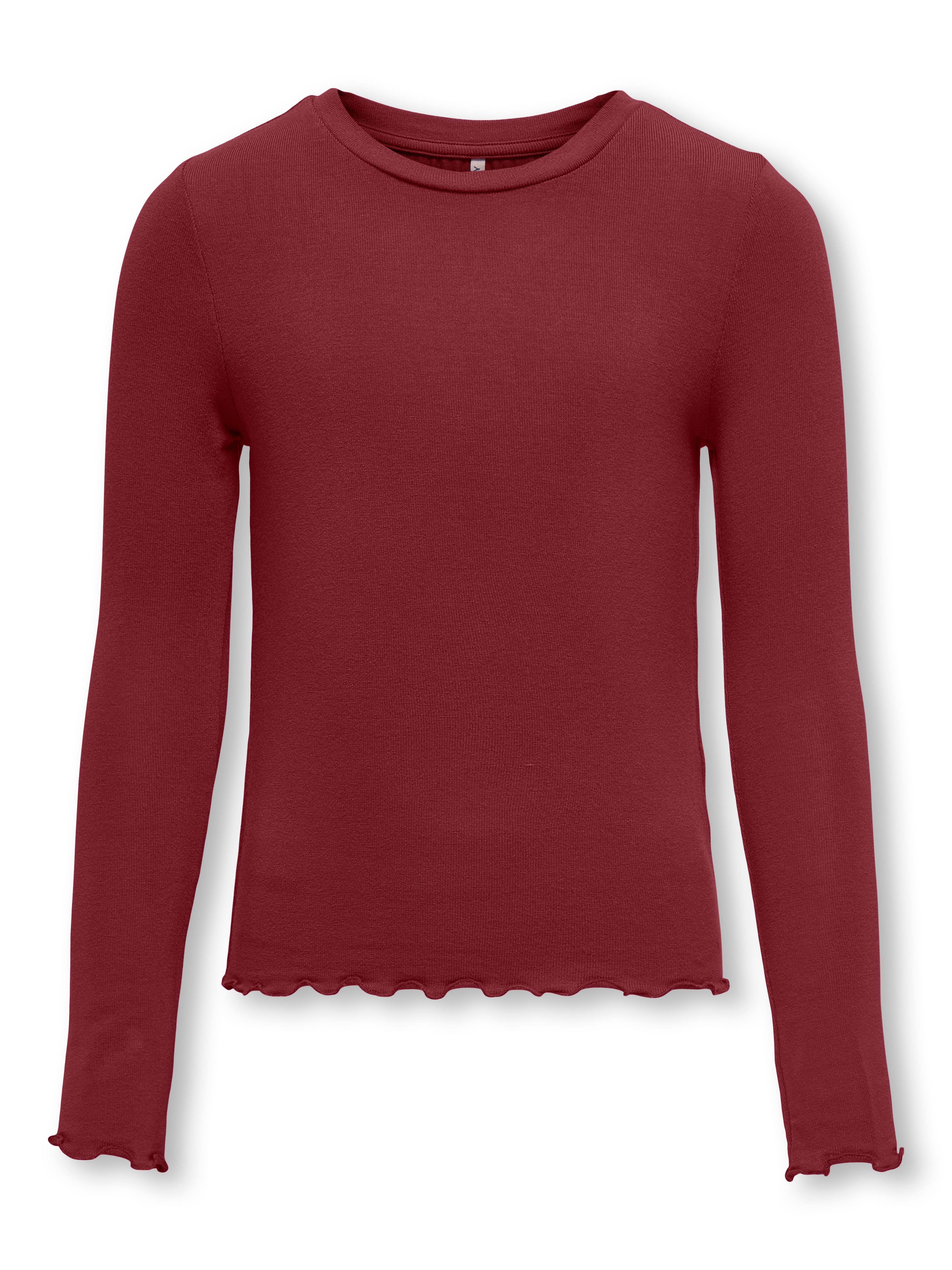 Langarmshirt KIDS ONLY "KOGAMOUR L/S TOP JRS", Mädchen, Gr. 134/140, rot (cabernet), Jersey, Obermaterial: 65% Polyester, 30% Viskose, 5% Elasthan, unifarben, Casual, regular fit normal, Rundhals, Häkelkante, Shirts