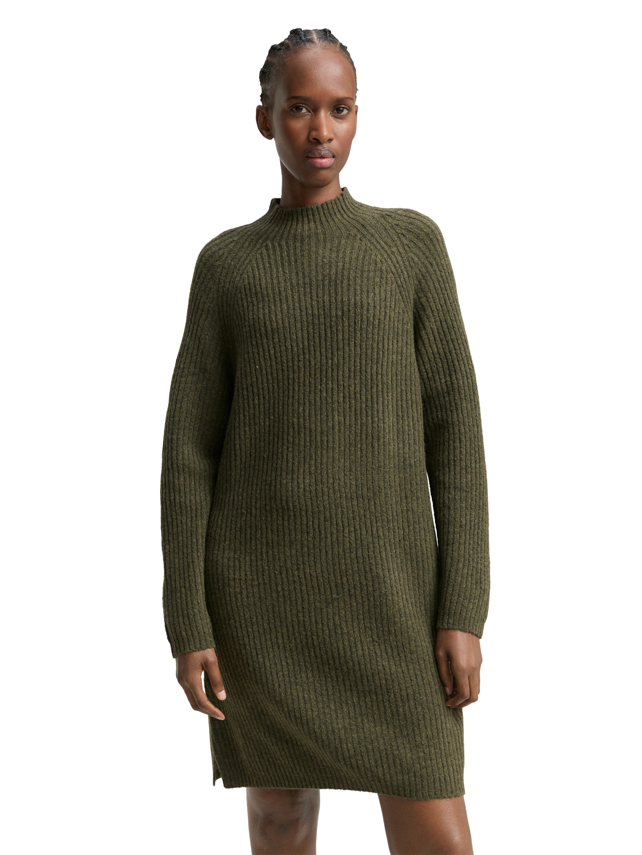Strickkleid TOM TAILOR DENIM, Damen, Gr. L, N-Gr, grape leaf grün melange, Rippstrick, Obermaterial: 62% Polyacryl, 25% Polyester, 10% Baumwolle, 3% sonstige Fasern, meliert, regular fit knielang, gerader Abschluss, Kleider, mit Stehkragen Image