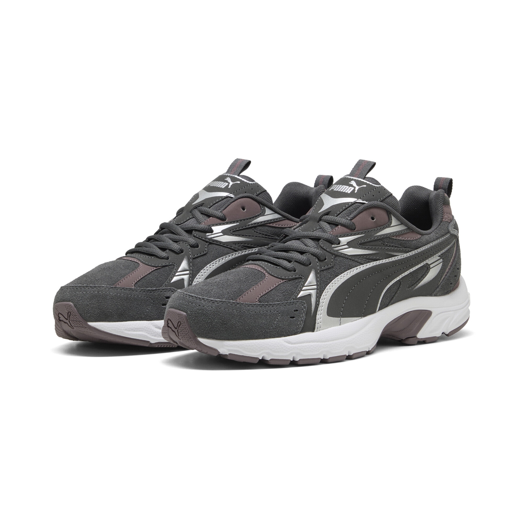 Sneaker PUMA "Milenio Tech Sneakers Erwachsene", Damen, Gr. 44, silber (dusky gray silber raisin metallic lila), Obermaterial: Textil, Kuhleder, Synthetik; Futter: Textil; Innensohle: Textil; Laufsohle: Gummi, Schuhe Sneaker