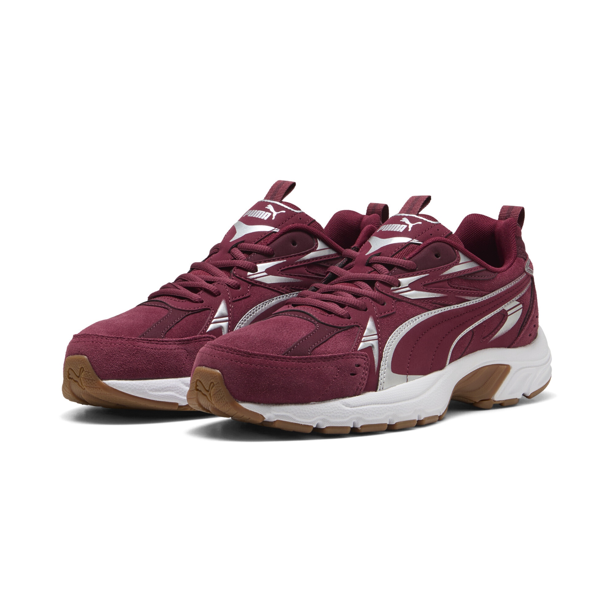 Sneaker PUMA "Milenio Tech Sneakers Erwachsene", Damen, Gr. 37, team regal rot silber ruby shimmer metallic, Obermaterial: Textil, Kuhleder, Synthetik; Futter: Textil; Innensohle: Textil; Laufsohle: Gummi, Schuhe Sneaker